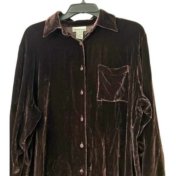 JONES & CO Vintage Silk Blend Chocolate Brown Velvet Oversized Button Down Top S - Picture 3 of 10